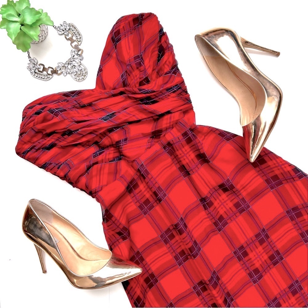 Betsey Johnson Black Label Vintage 90s Strapless Red Black Plaid Silk Dress Sz 4